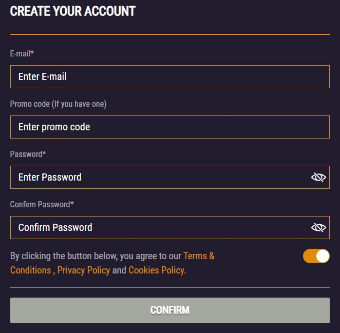 SpinKings24 Casino account registration form with email, promo code and password fields