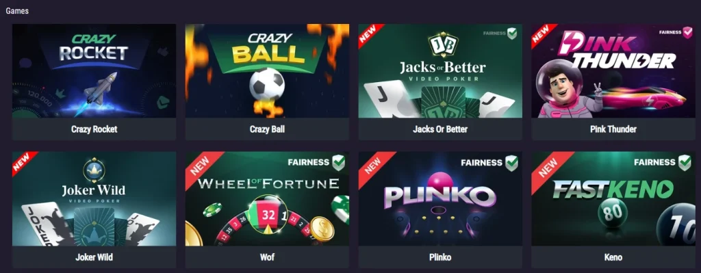 SpinKings24 Casino games lobby with Crazy Rocket, Crazy Ball, Plinko and Keno