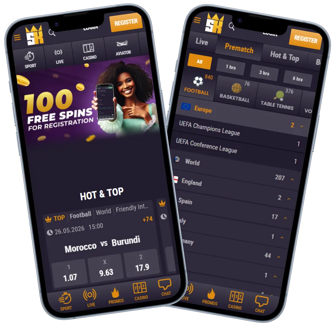 SpinKings24 Casino mobile app preview with sports betting, casino menu and 100 free spins offer