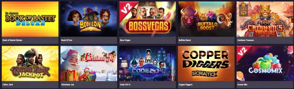 SpinKings24 Casino slot games library with Book of Bastet Deluxe, Boss Vegas and Buffalo Boost
