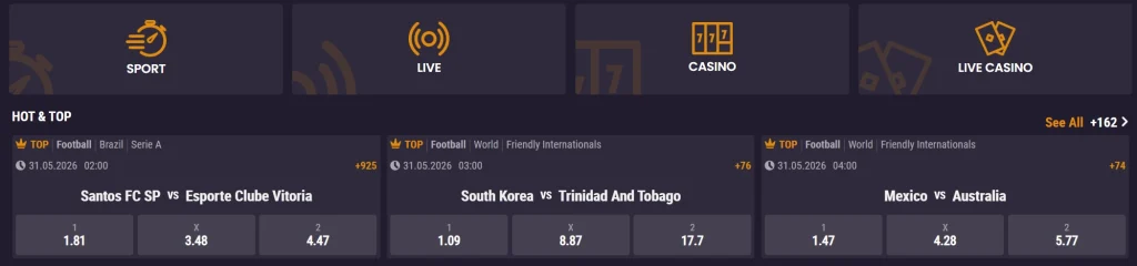 SpinKings24 Casino homepage with sport, live, casino and live casino sections