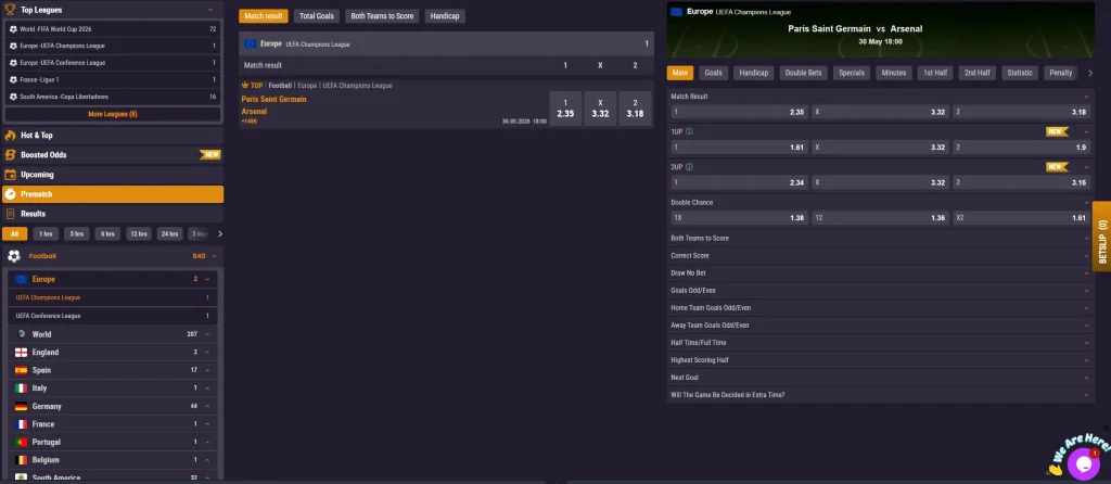 SpinKings24 Casino sports betting page with Champions League odds and football markets
